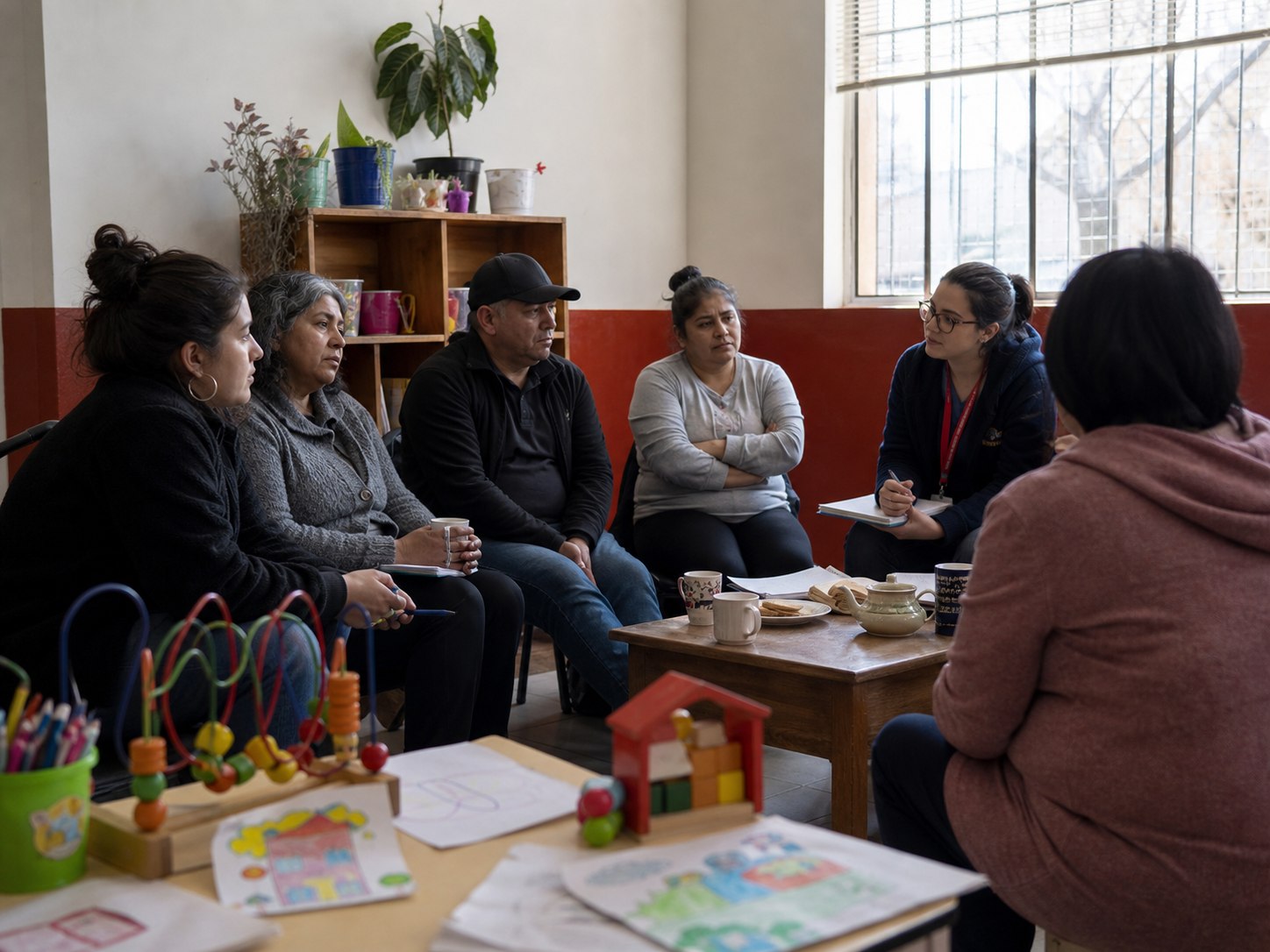 Adultos reunidos en una comunidad para conversar sobre cuidado y protección de la infancia