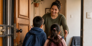 Madre recibe a niños y niñas al llegar a casa