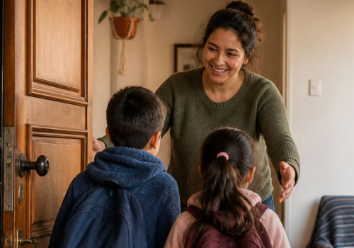 Madre recibe a niños y niñas al llegar a casa