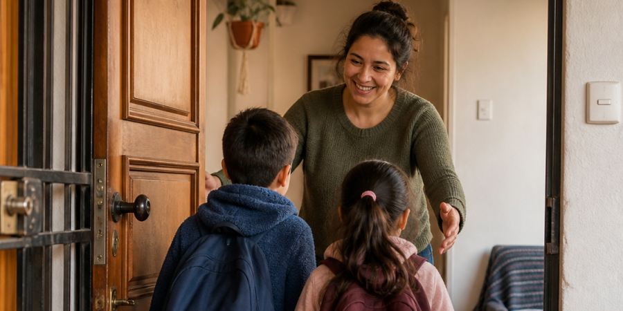 Madre recibe a niños y niñas al llegar a casa