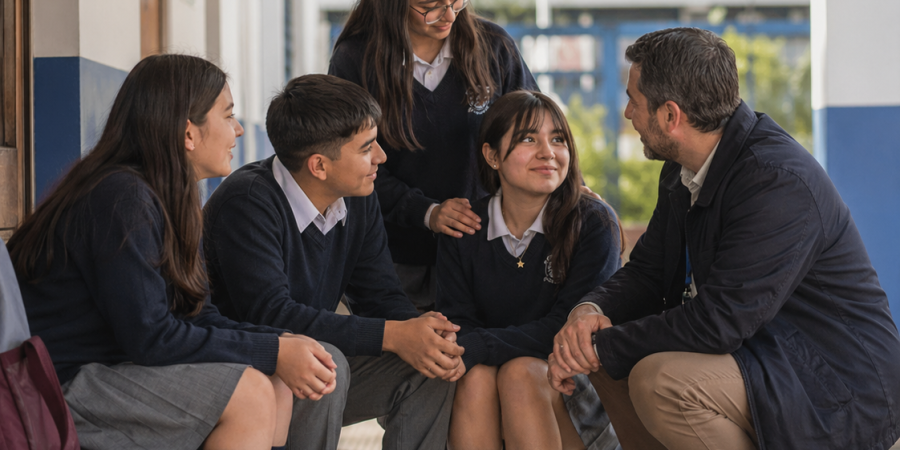 Adultos acompañando a estudiantes adolescentes en un entorno escolar seguro, ilustración del compromiso de Fundación CreSeres con la convivencia escolar y la protección de niños, niñas y adolescentes en Chile.